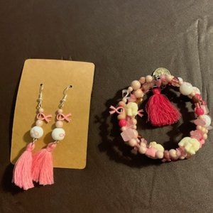 Breast cancer earrings & stretchy bracelet, NEW